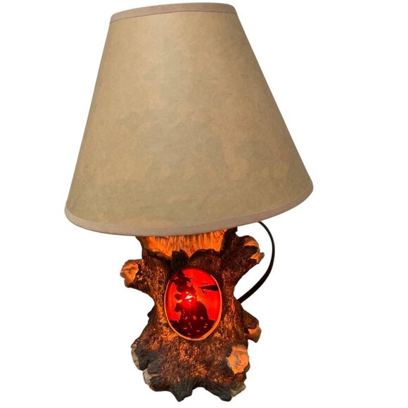 Rustic Tree Table Lamp w Bear Scene Cutouts Amber Glow Shade Lodge Cabin Decor - Picture 3 of 8